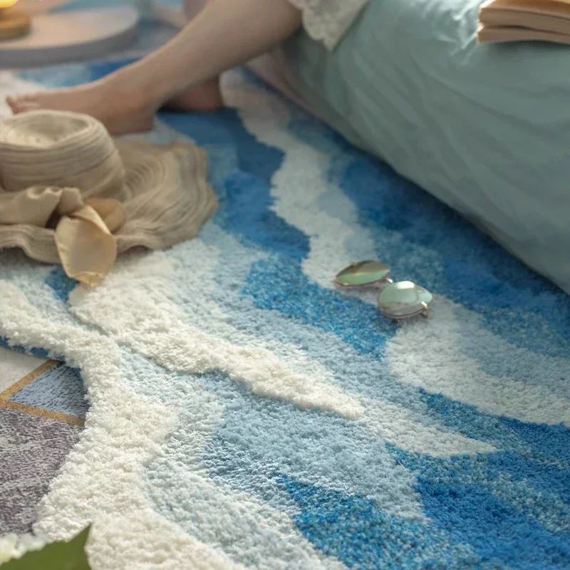 Alfombra de salón con forma especial, antideslizante y lavable, en azul claro con ondas