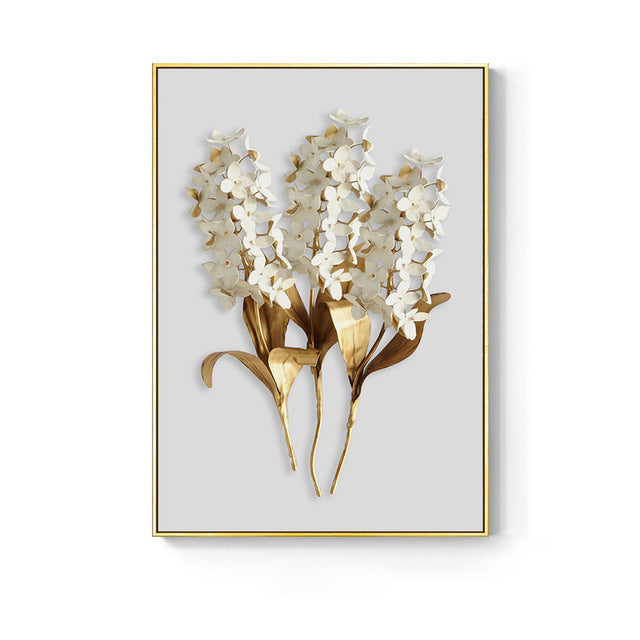 Pintura Decorativa Nórdica con Flores y Hojas Doradas - Moderna y Minimalista para Pared (Sin Marco)