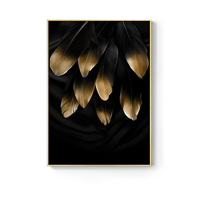 Pintura Decorativa Nórdica con Flores y Hojas Doradas - Moderna y Minimalista para Pared (Sin Marco)