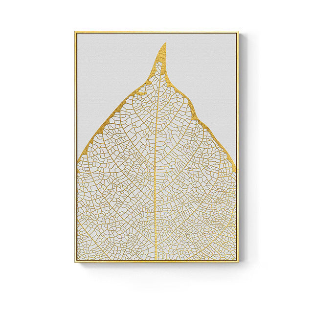 Pintura Decorativa Nórdica con Flores y Hojas Doradas - Moderna y Minimalista para Pared (Sin Marco)
