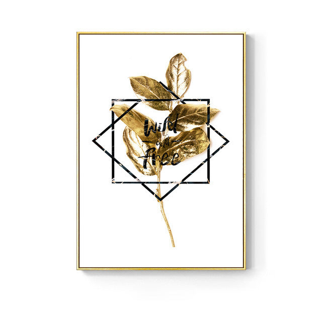 Pintura Decorativa Nórdica con Flores y Hojas Doradas - Moderna y Minimalista para Pared (Sin Marco)