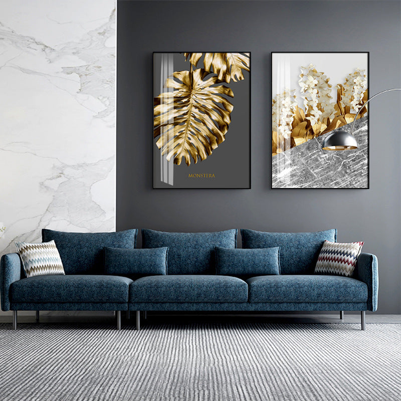 Pintura Decorativa Nórdica con Flores y Hojas Doradas - Moderna y Minimalista para Pared (Sin Marco)
