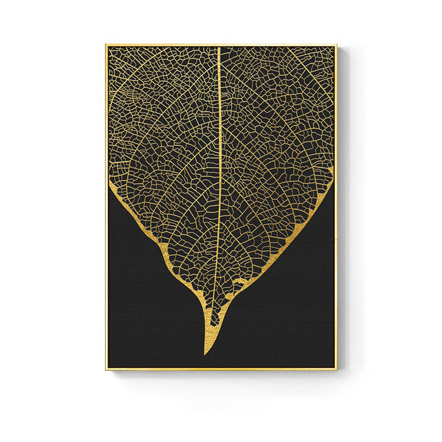 Pintura Decorativa Nórdica con Flores y Hojas Doradas - Moderna y Minimalista para Pared (Sin Marco)