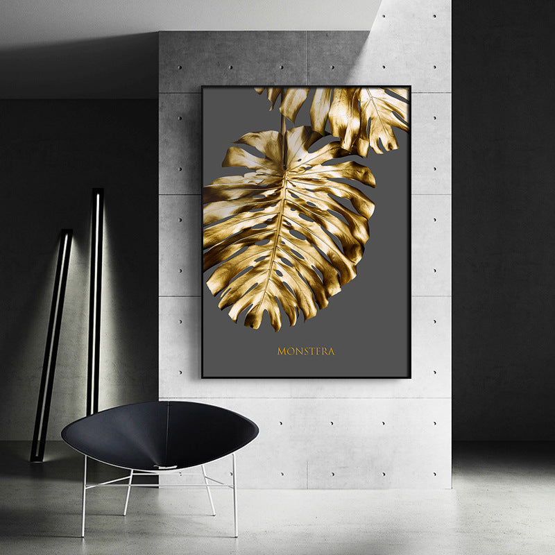 Pintura Decorativa Nórdica con Flores y Hojas Doradas - Moderna y Minimalista para Pared (Sin Marco)