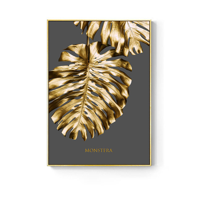 Pintura Decorativa Nórdica con Flores y Hojas Doradas - Moderna y Minimalista para Pared (Sin Marco)