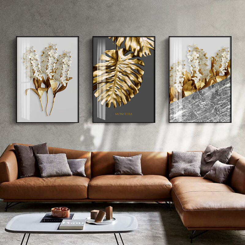 Pintura Decorativa Nórdica con Flores y Hojas Doradas - Moderna y Minimalista para Pared (Sin Marco)