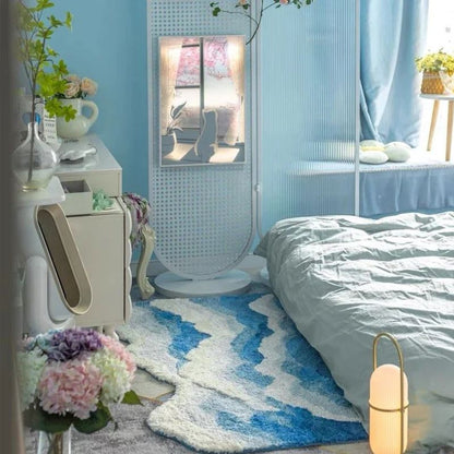 Alfombra de salón con forma especial, antideslizante y lavable, en azul claro con ondas