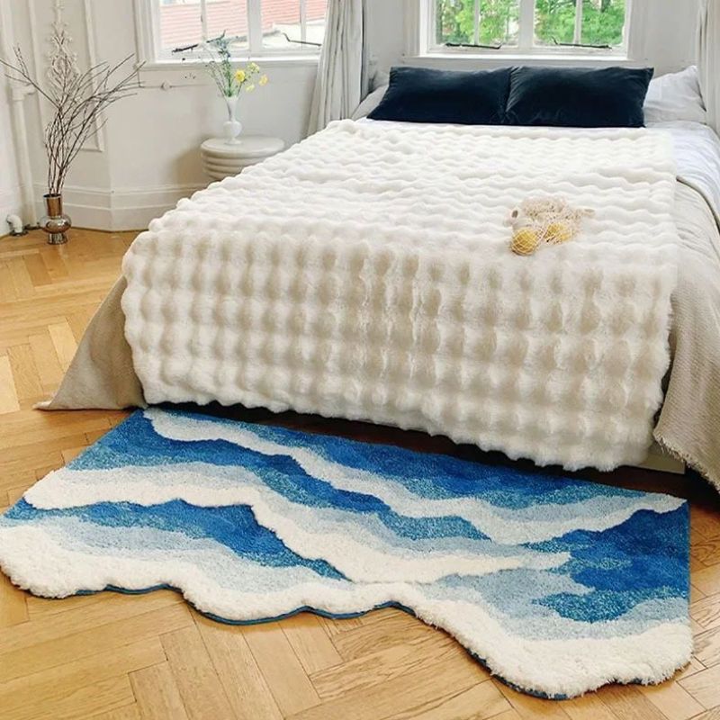 Alfombra de salón con forma especial, antideslizante y lavable, en azul claro con ondas