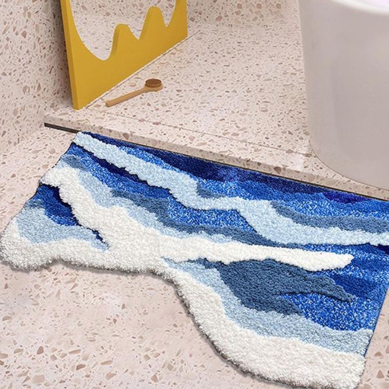 Alfombra de salón con forma especial, antideslizante y lavable, en azul claro con ondas