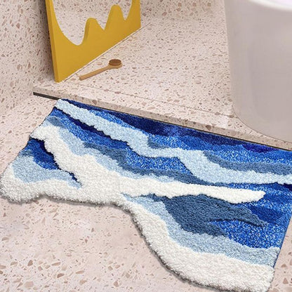 Alfombra de salón con forma especial, antideslizante y lavable, en azul claro con ondas