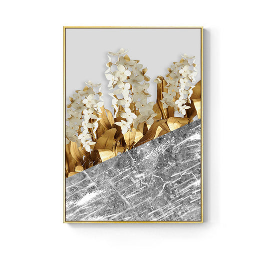 Pintura Decorativa Nórdica con Flores y Hojas Doradas - Moderna y Minimalista para Pared (Sin Marco)