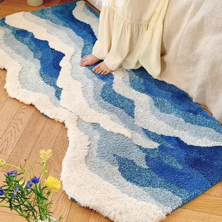 Alfombra de salón con forma especial, antideslizante y lavable, en azul claro con ondas