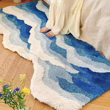 Alfombra de salón con forma especial, antideslizante y lavable, en azul claro con ondas